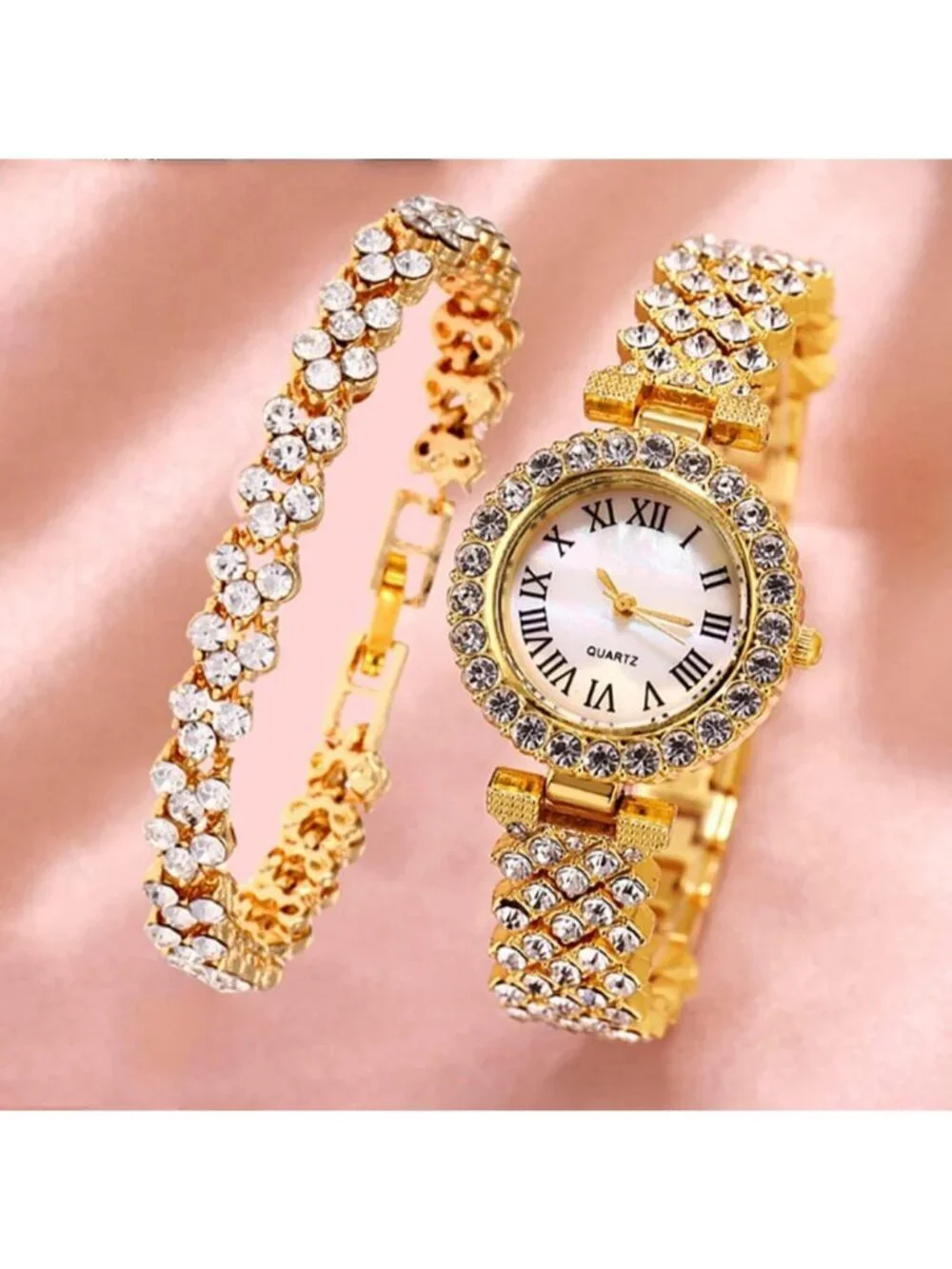 Womens Gold Analog Quartz Fashion Diamond Bangle Bracelet Set Luxury Wrist Watch